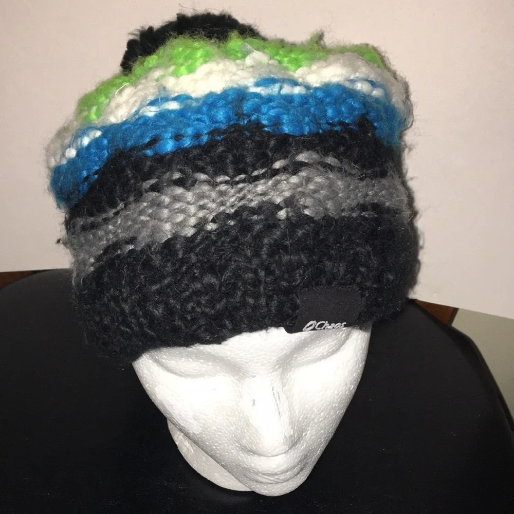 Chaos Pom Pom Winter hat EUC Black, Green, White and Gray striped